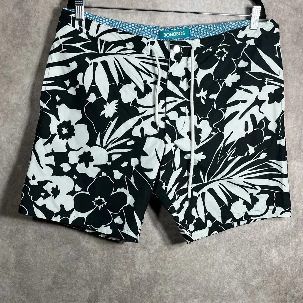 Bonobos‎ Swim Trunks Mens Size 35 Black White Floral Drawstring Lined Pockets